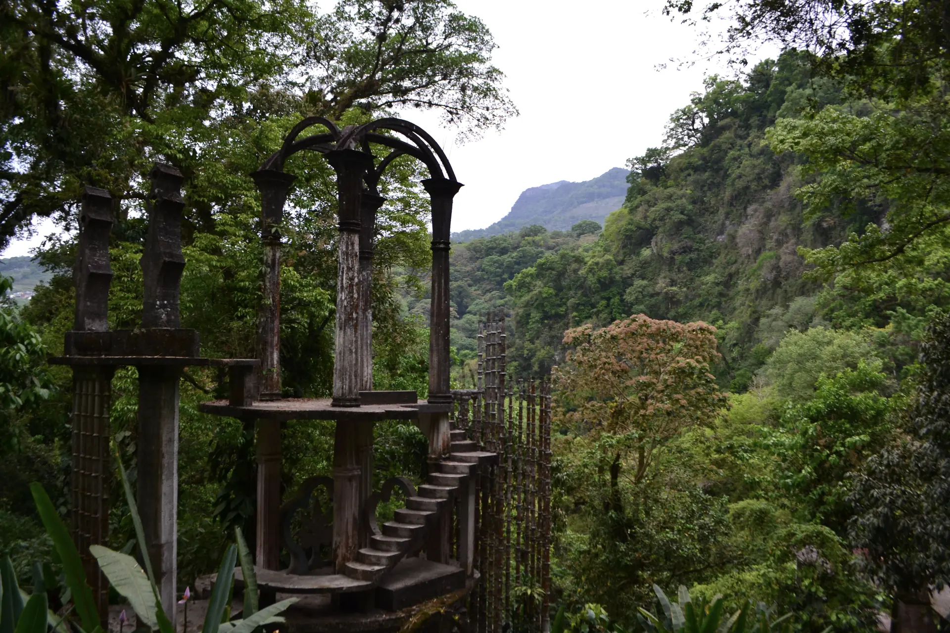 Escaleras de concreto entre la selva del Jardín de Edward James